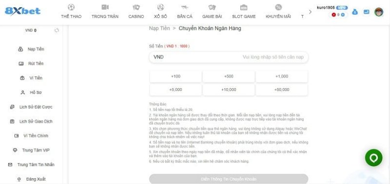 Gửi tiền dễ dàng nhanh chóng với 8XBET